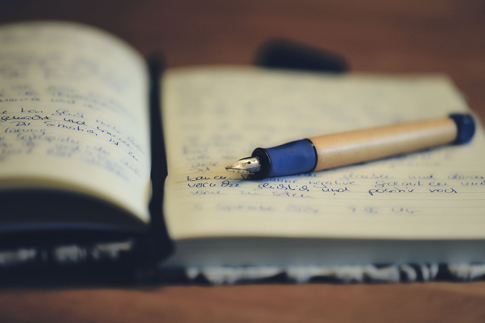 Writer taking notes with fountain pen on rustic wooden table looking over lake